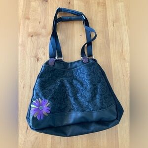 Haiku Purple Daisy Purse Shoulder Bag by Sharon Eisenhauer Black Canvas Leather